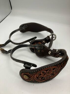 Tooled Brown Leather Cowboy Spurs with Floral Carving